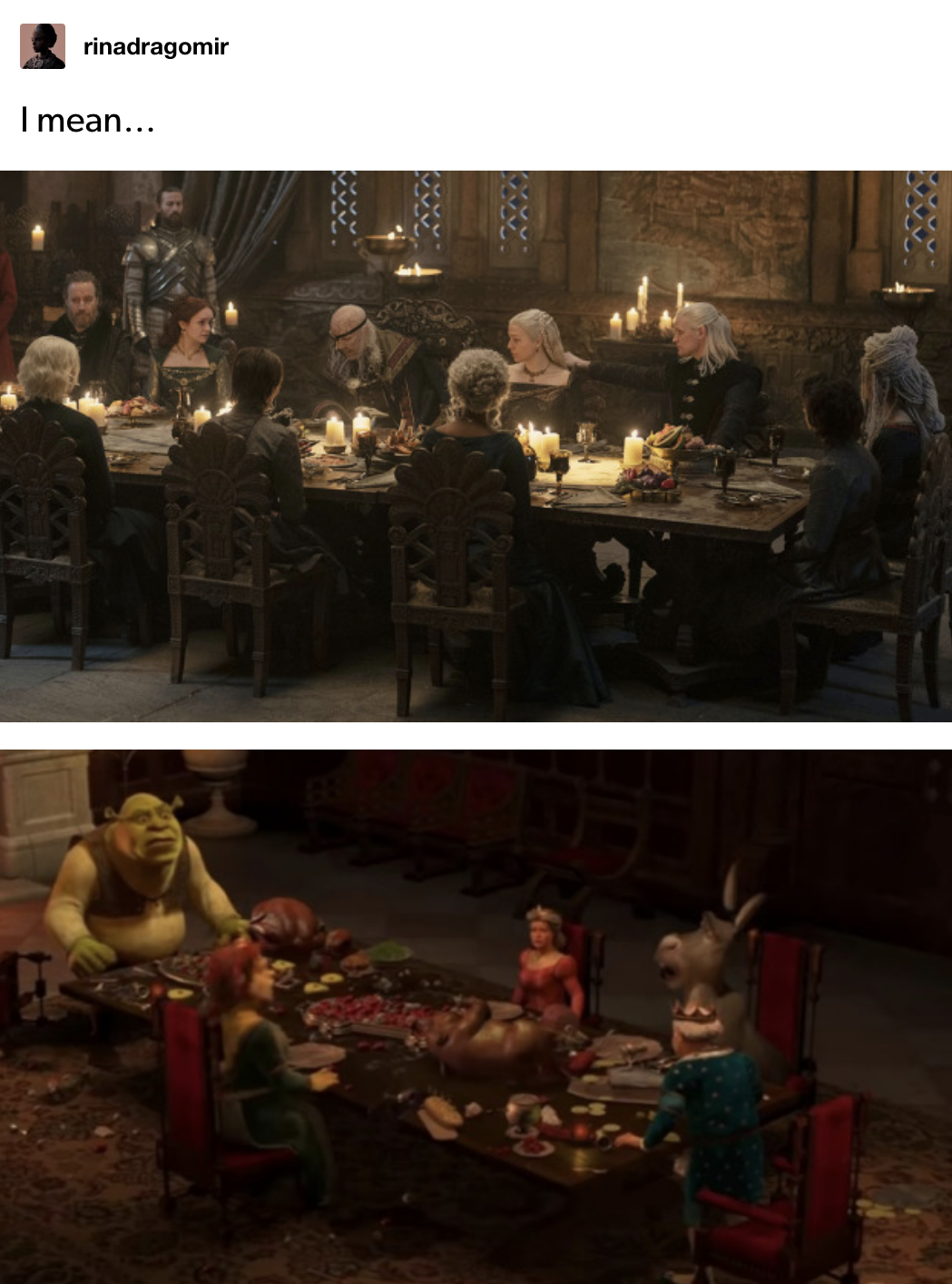 &quot;The Last Supper&quot; with Viserys above a scene from Shrek 2 around a dining table
