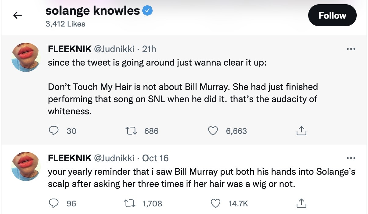 A screenshot of the two tweets under Solange&#x27;s liked page