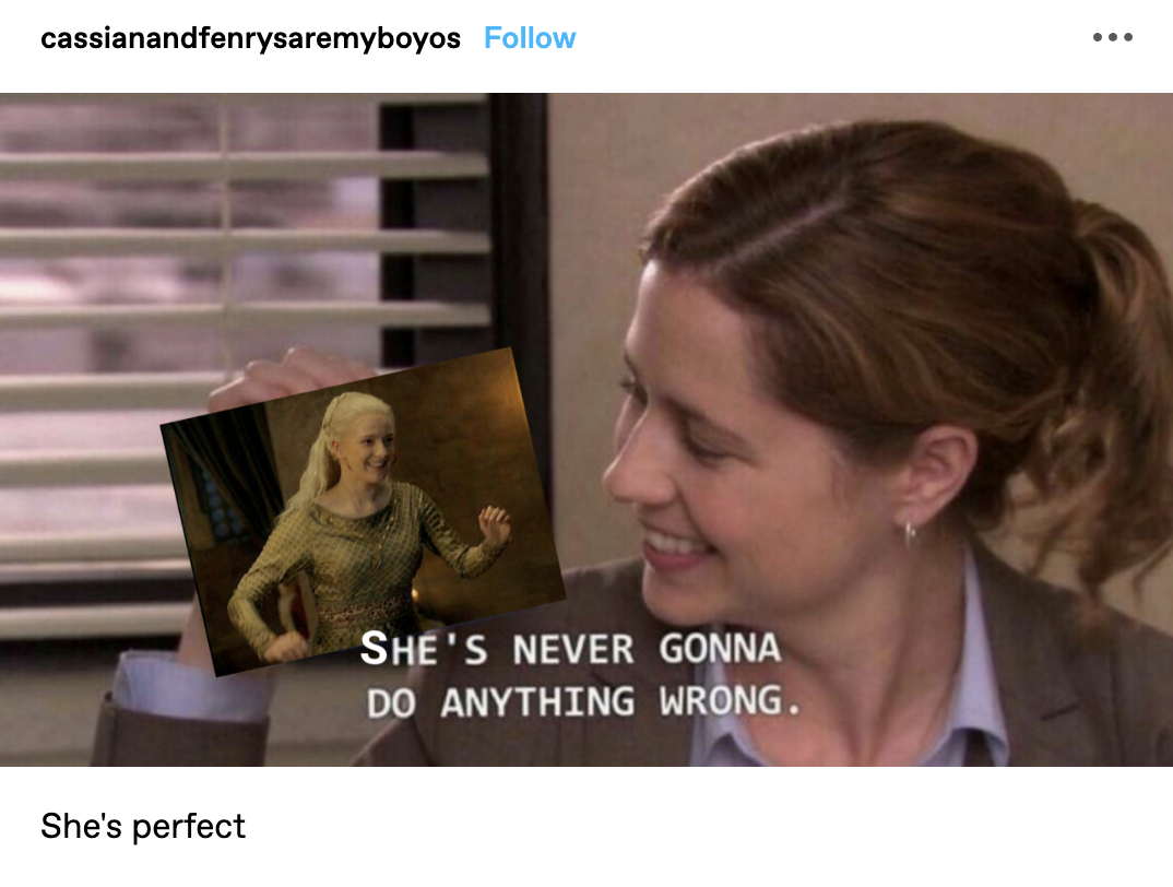 Pam Beesley from The Office smiling at a picture of Helaena Targaryen and saying &quot;She&#x27;s never gonna do anything wrong&quot;