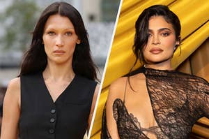 Bella Hadid wears a dark vest and Kylie Jenner wears a lace one shoulder gown