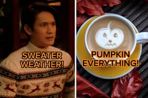 A man wears a knit sweater and a coffee with a pumpkin drawn in foam