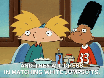 GIF of two characters from &quot;Hey Arnold&quot; saying, &quot;And they all dress in matching white jumpsuits. In a word, they&#x27;re perfect, Arnold.&quot;