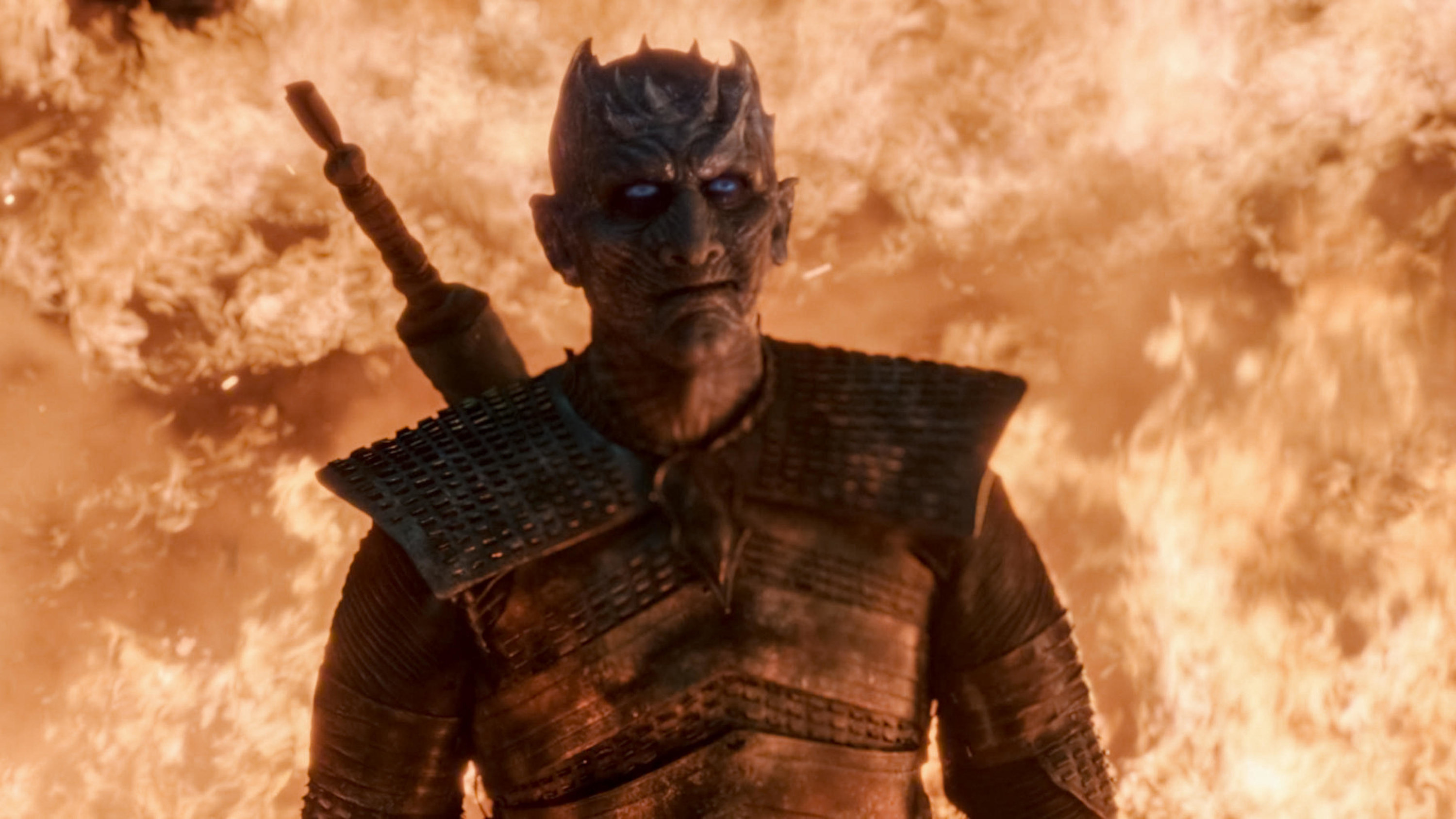 The demonic Night King smiles as he emerges from the flames during the Battle of Winterfell