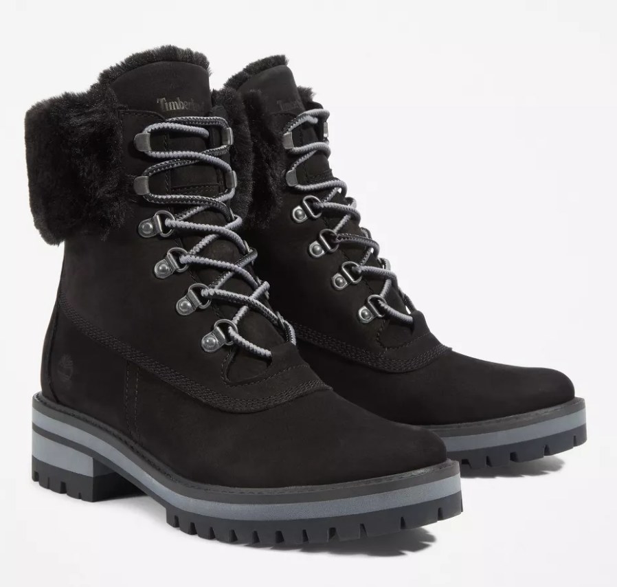 Black lace up, heeled winter boots
