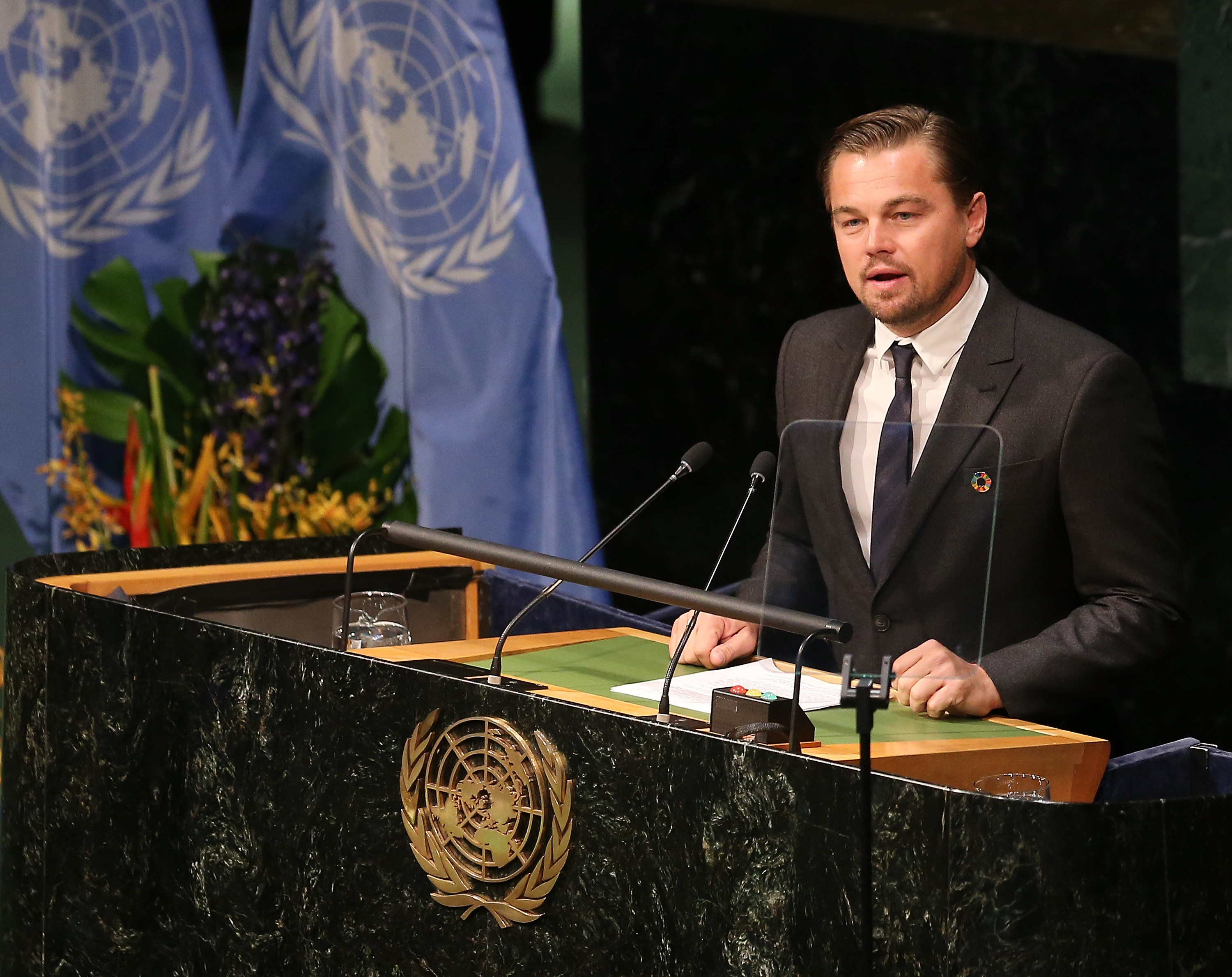 Actor/activist Leonardo DiCaprio speaks during the Paris Agreement For Climate Change Signing at United Nations on April 22, 2016 in New York City