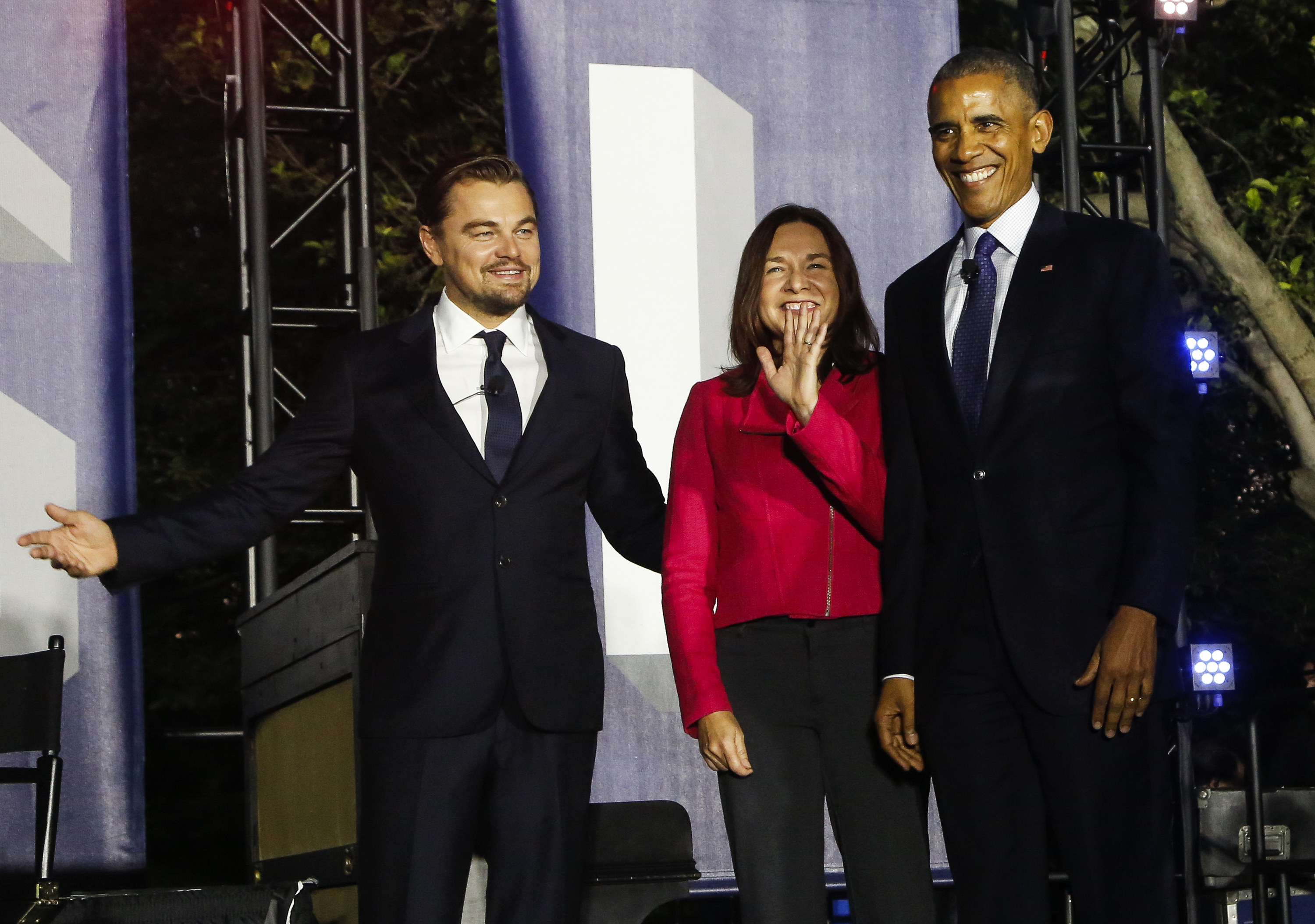 U.S President Barack Obama, Leonardo DiCaprio and Dr. Katharine Hayhoe arrive at a panel discussion on climate change as part of the White House South by South Lawn event, in the South Lawn of the White House on October 3, 2016 in Washington DC