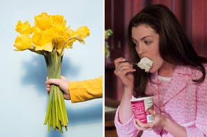 On the left, someone holding a bouquet of daffodils, and on the right, Mia from The Princess Diaries 2 eating vanilla ice cream straight from the pint