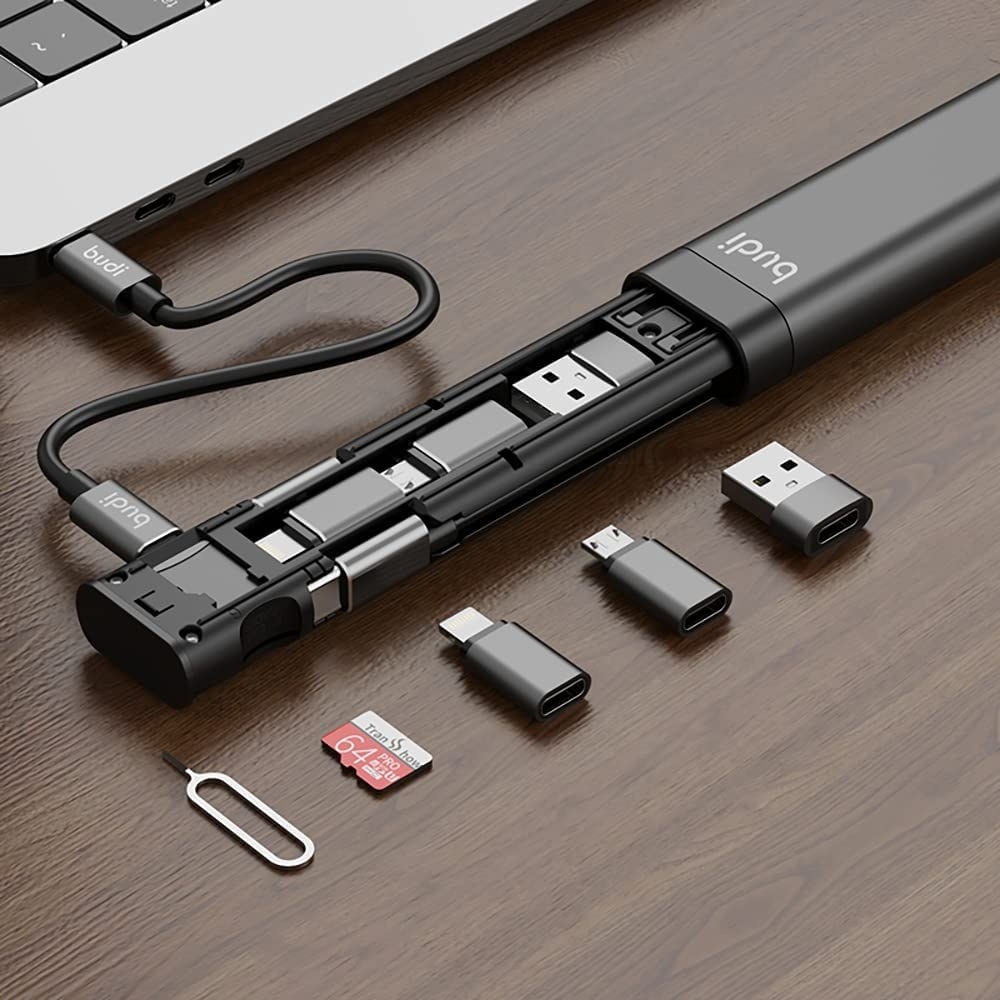 the 9-in-1 data cable laid out with all the attachments