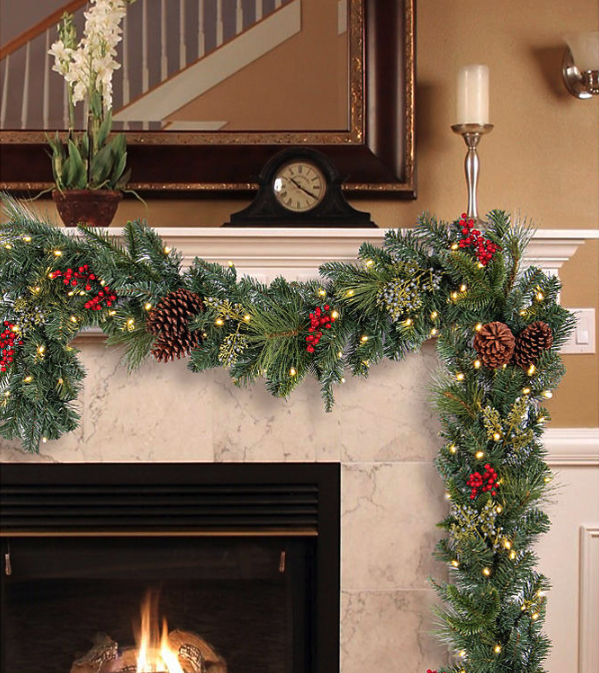A garland hung on a mantle