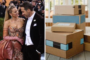 On the left, Blake Lively and Ryan Reynolds sharing an embrace on the red carpet, and on the right, packages on a porch