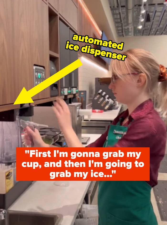 barista explaining the process, saying &quot;first i&#x27;m gonna grab my cup, and then i&#x27;m going to grab my ice,&quot; with automated ice dispenser