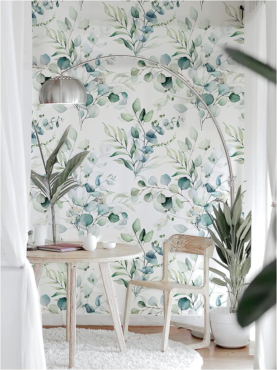 papel pintado con hojas de eucalipto verde y blanco para decorar pared