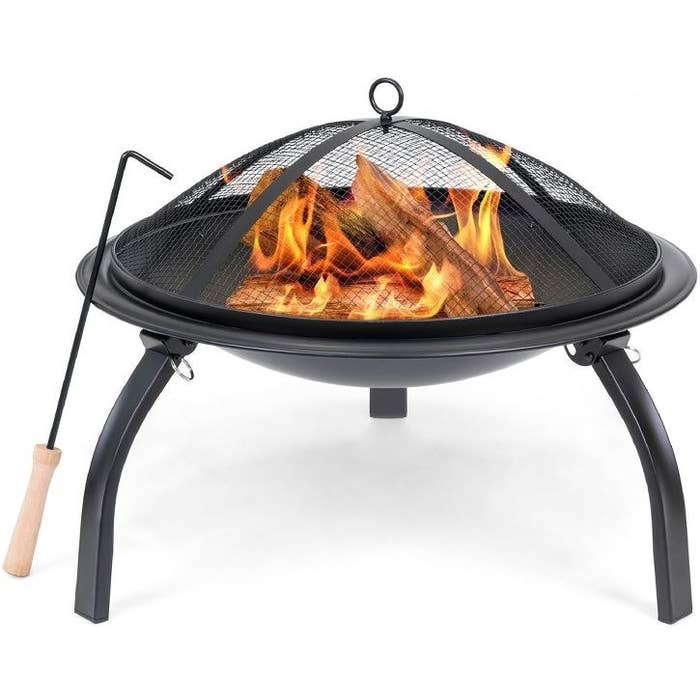 the fire pit, mesh cover, and poker