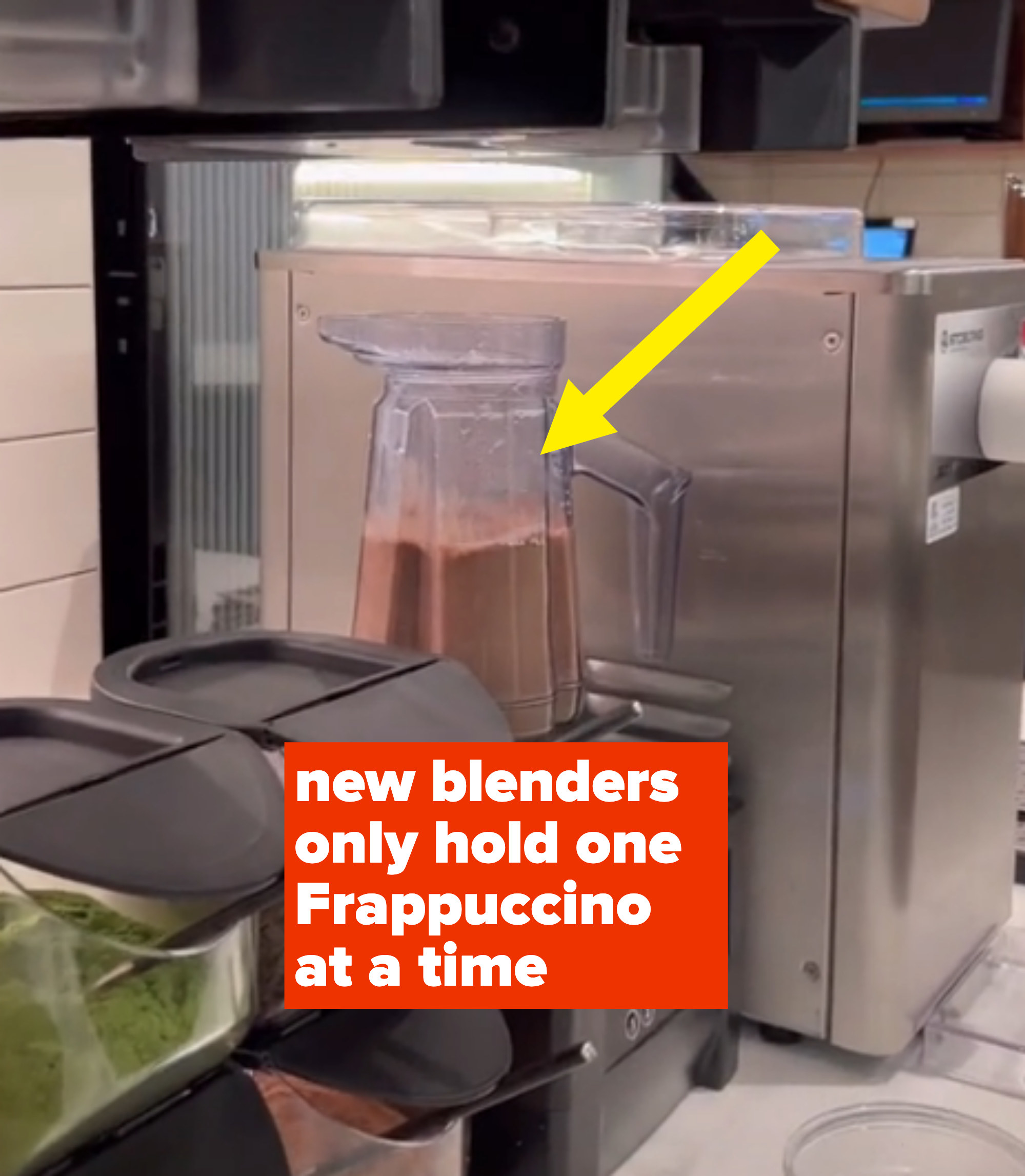 arrow pointing to new blender that significantly smaller and only blends one drink at a time