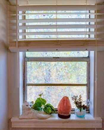 Iridescent privacy film on reviewer's window above Himalayan Salt Lamp and cat plant pot