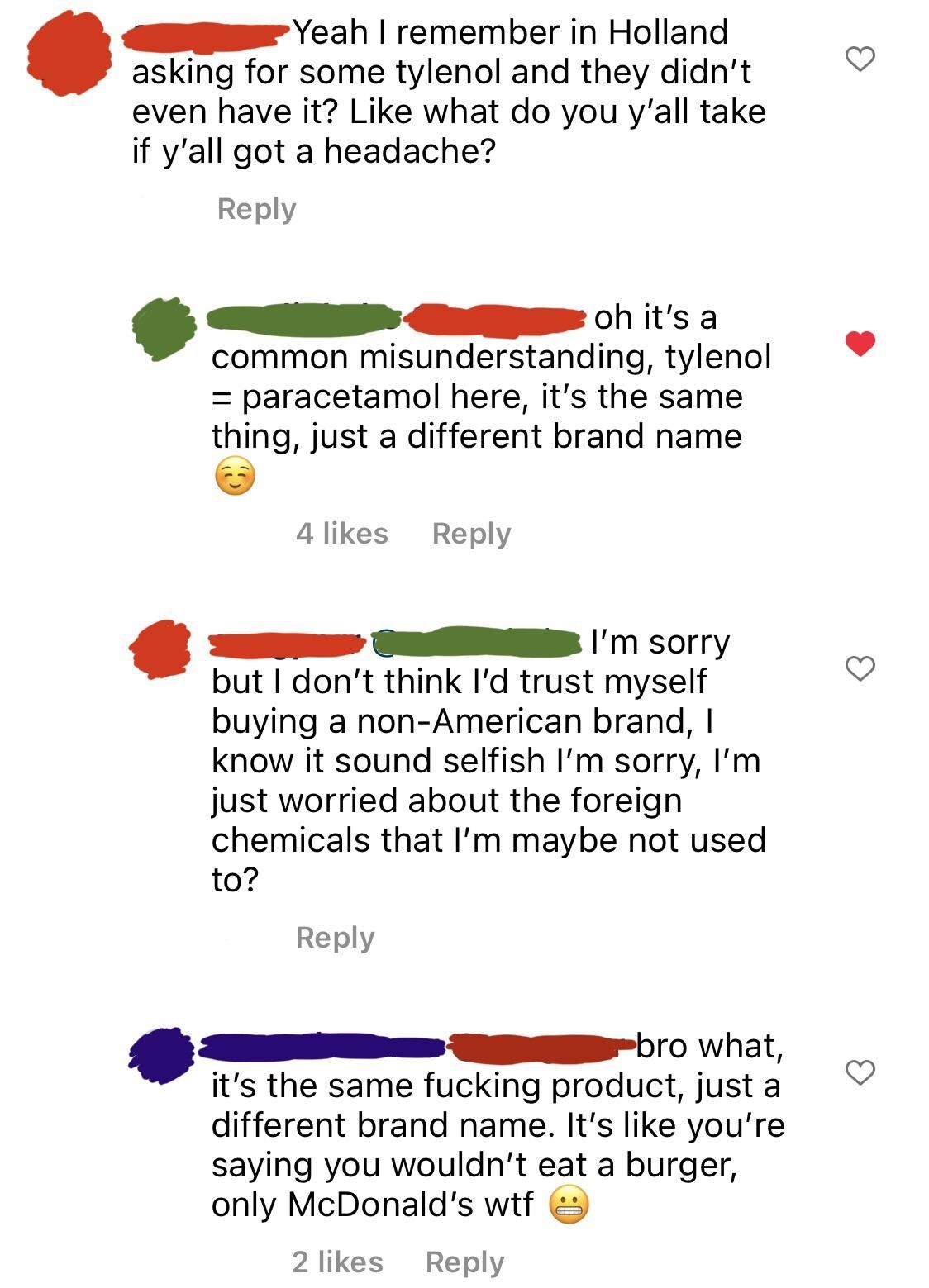 american saying they wouldnt use the european brand of tylonel because of the name