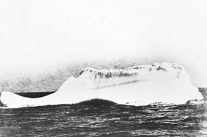 Black-and-white photo of an iceberg