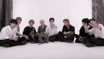 GIF of the band members sitting on the floor with puppies and waving