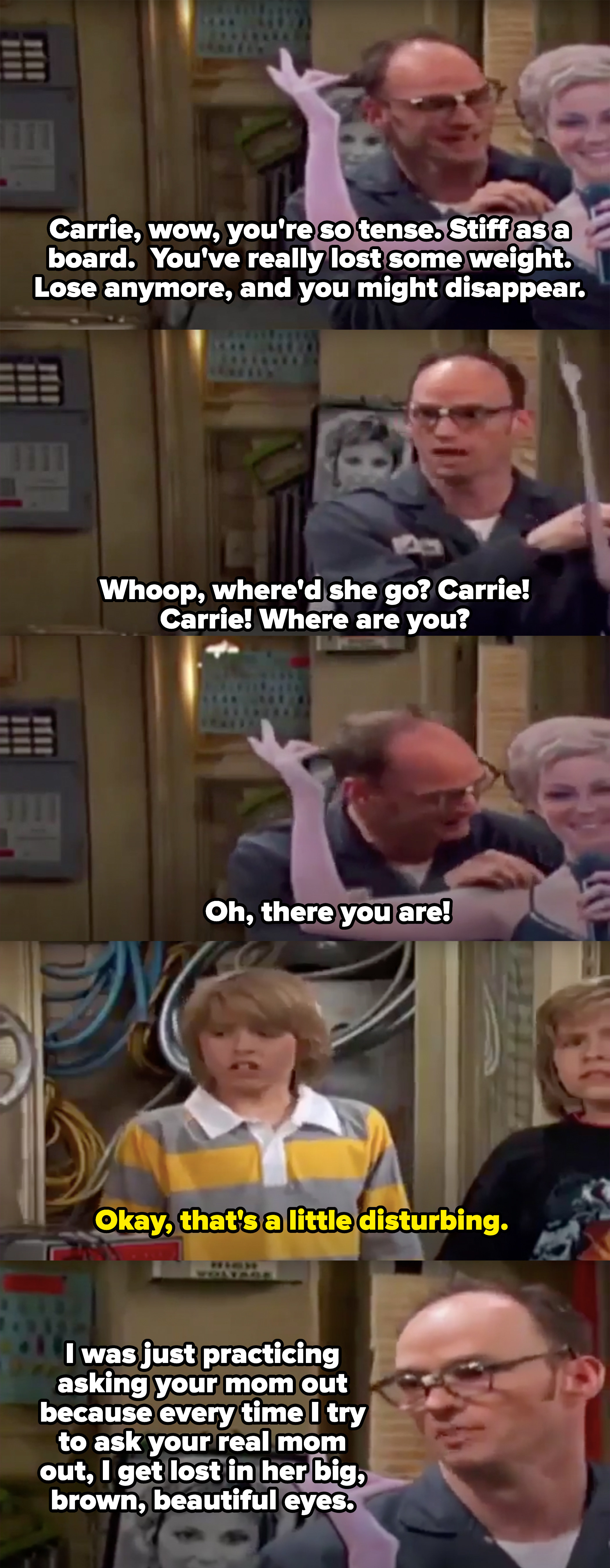Arwin making bad jokes to a cardboard cutout, then saying he&#x27;s practicing asking her out because when he tries to ask the really Carrie, he gets lost in her eyes