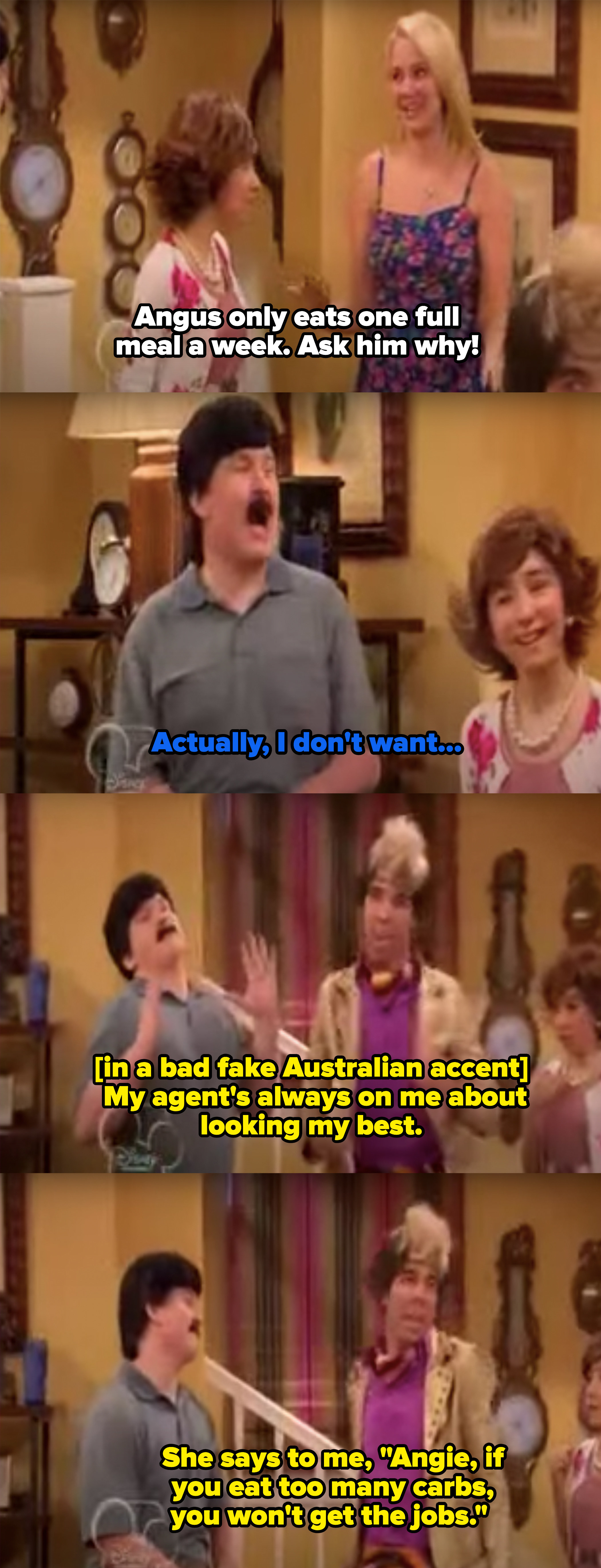 Characters saying Angus only eats one meal a week, then him saying it&#x27;s because he was told if he eats too many carbs, he won&#x27;t get jobs