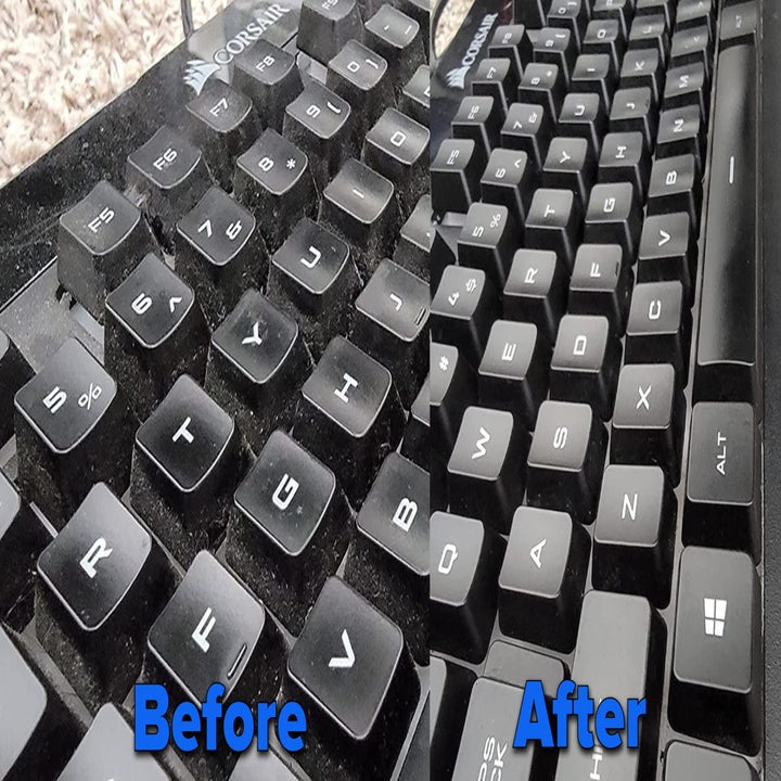 A dusty keyboard before using the putty/The same keyboard now dust-free after using the putty