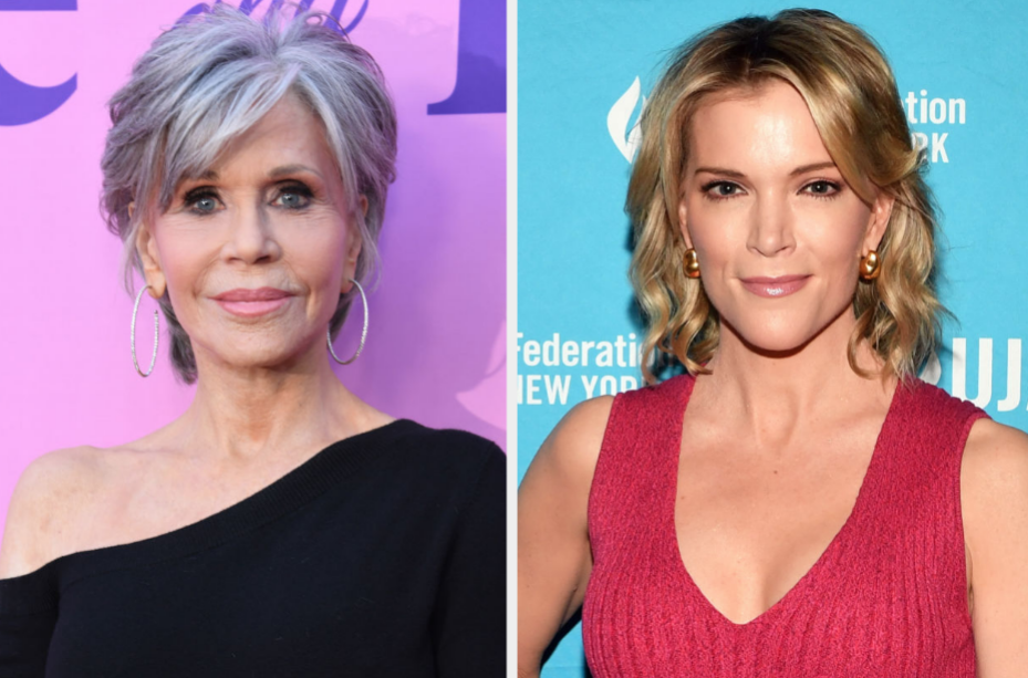 Jane Fonda wears a one-shoulder top and Megyn Kelly wears a brightly colored tank top