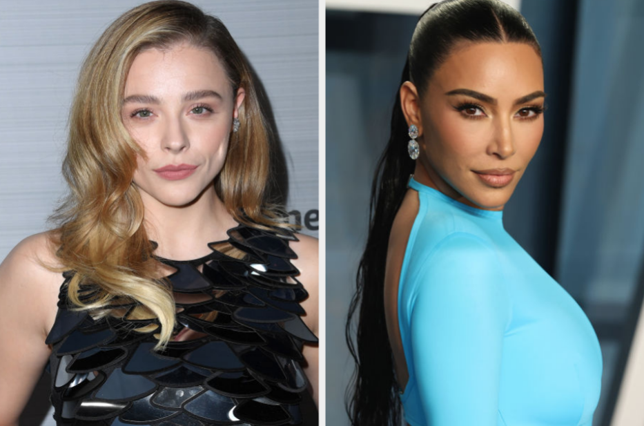 Chloë Grace Moretz wears a feathered top and Kim Kardashian wears a brightly colored, long-sleeved dress