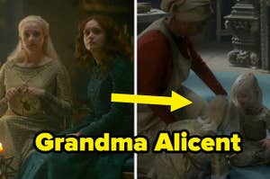 side by side images of Helaena with Alicent and Helaena's twins, with the caption "Grandma Alicent" and an arrow pointing from Alicent ot the twins