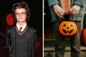 Joe Keery is in a costume on the left with a woman holding a bucket on the right
