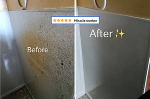 a wall covered with grime and grease, followed by an after photo of it looking clean, and an amazon 5 star review quote