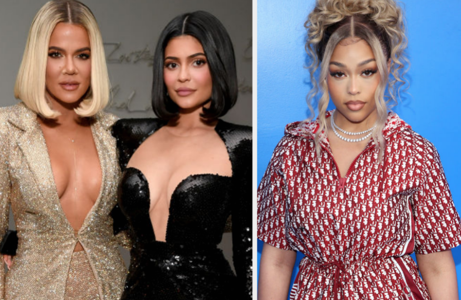 Khloé Kardashian wears a sparkly blazer pant suit, Kylie Jenner wears a sparkly suit with a deep V-neck, and Jordyn Woods wears a brightly patterned jumpsuit
