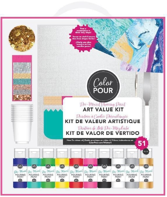 paint pouring kit with several bottles of paint, cups and glitter