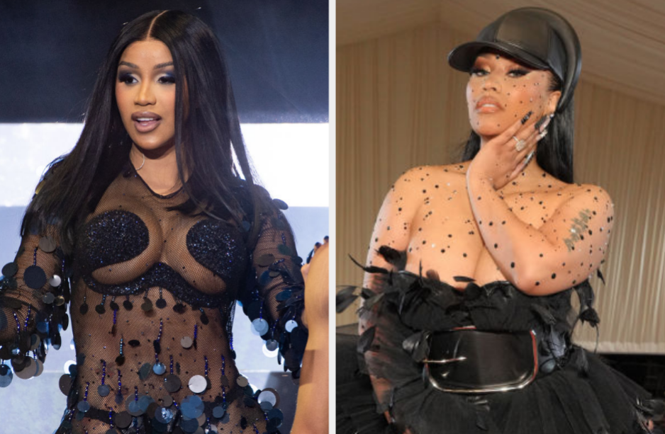 Cardi B wears a sheer dark body suit and Nicki Minaj wears a strapless gown with a feather bodice