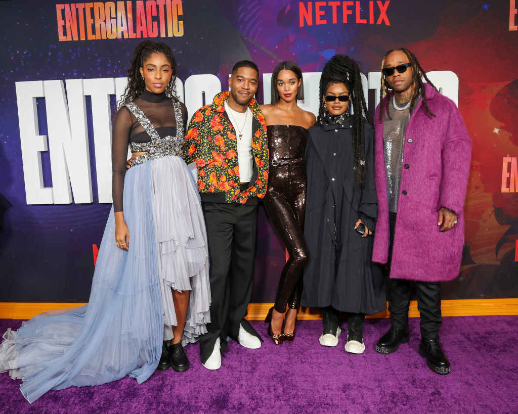 From left to righT: Jessica, Kid Cudi, Laura Harrier, Teyana Taylor, and Ty Dolla $ign pose together for a photo at the premiere of the film