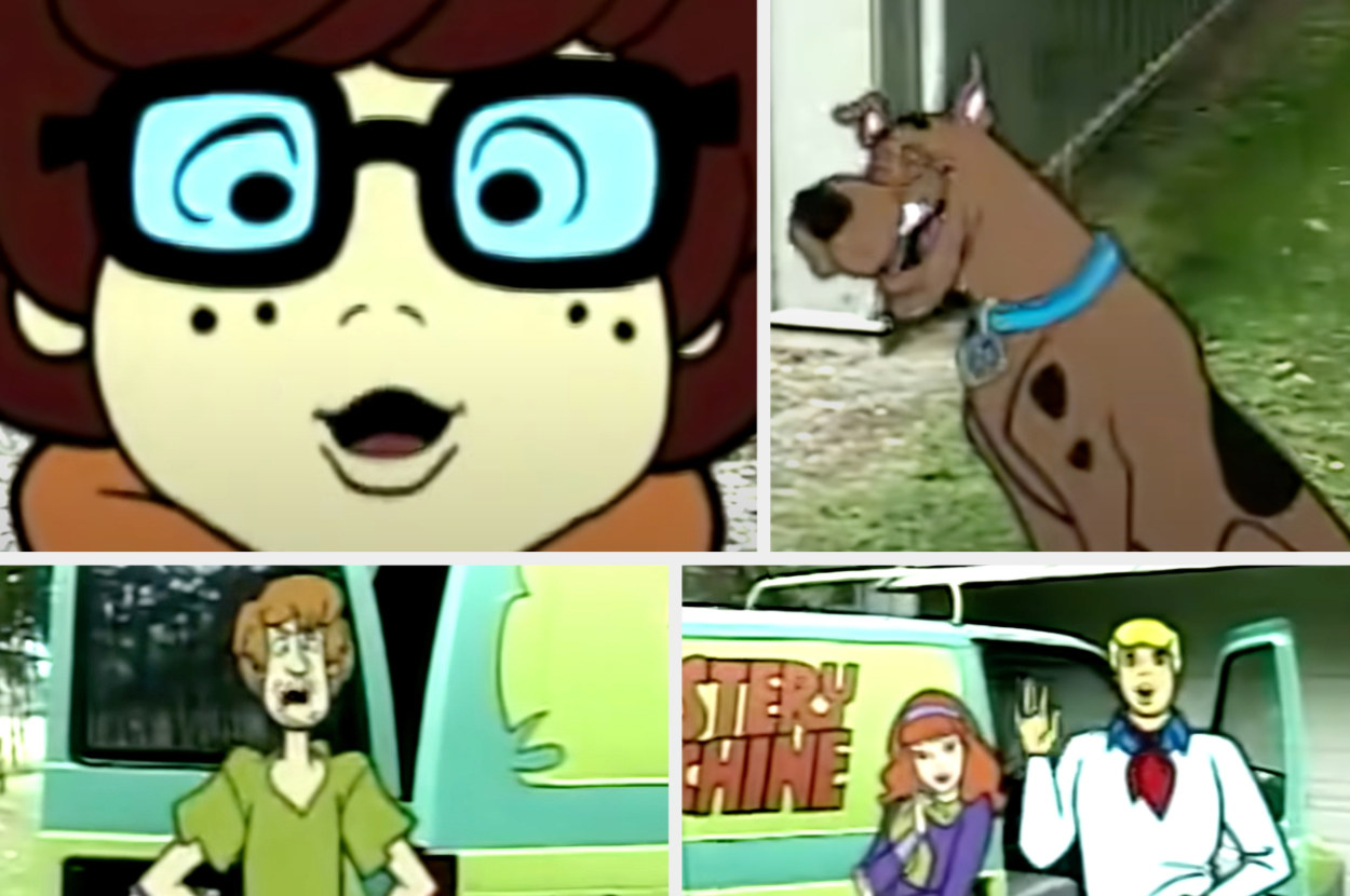 Velma, Scooby-Doo, Shaggy, Daphne, and Fred stand beside the Mystery Machine