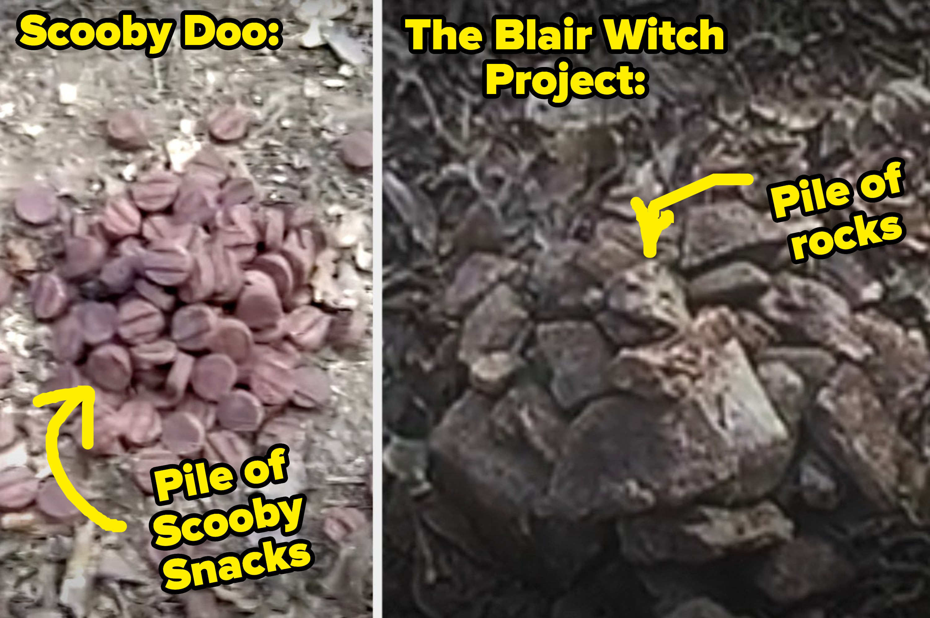 Left: A pile of Scooby Snacks on the ground Right: A pile of rocks from &quot;The Blair Witch Project&quot;