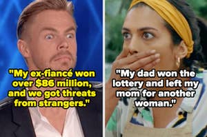 Shocked reactions with the text: "My ex-fiancé won just over $86 million" next to "My dad won the lottery and left my mom for another woman"