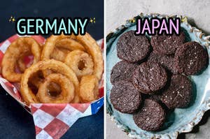 On the left, some onion rings labeled Germany, and on the right, some chocolate cookies topped with flaky sea salt labeled Japn