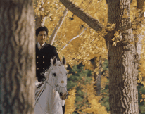 gif of character from the swoon riding a horse through the forest