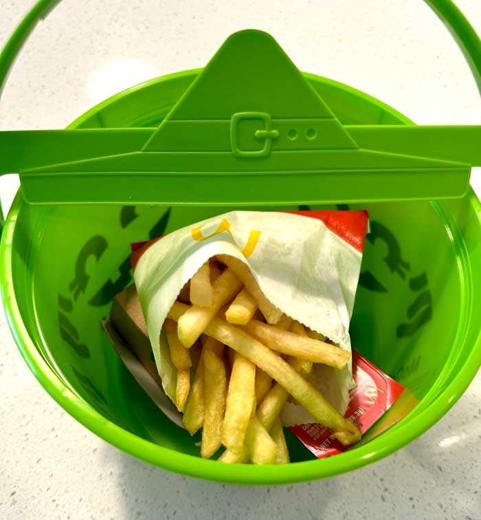 McDonald&#x27;s fries, nuggets, and sauce in the bucket