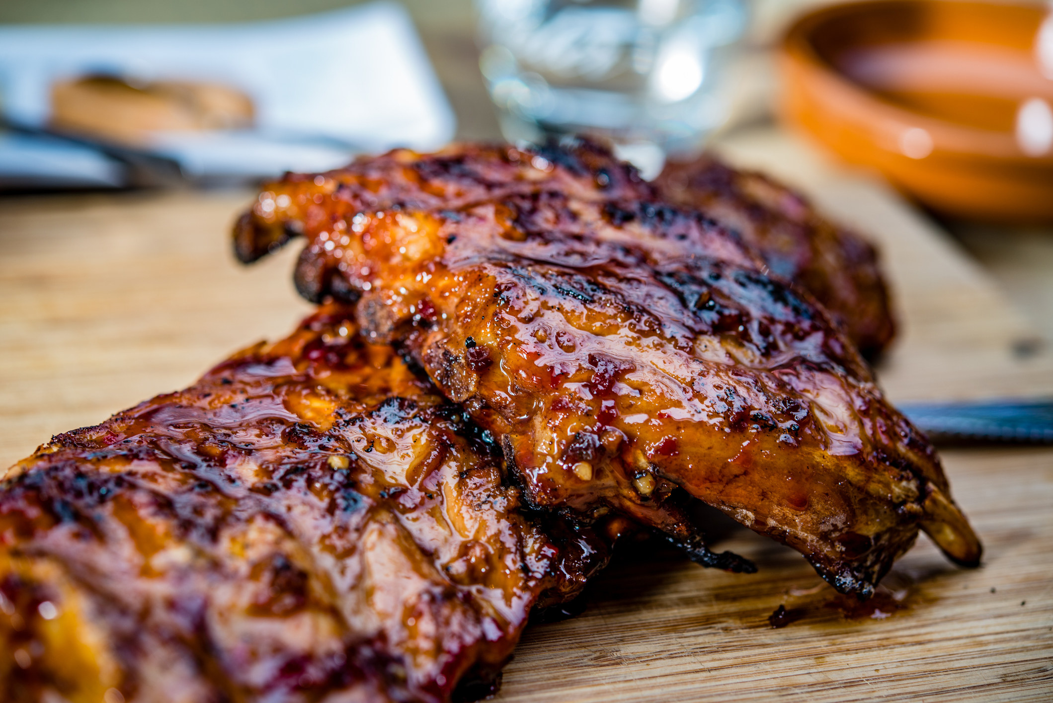 Spare ribs on a cutting board.