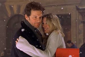 Marc and Bridget hugging in the snow in Bridget Jones's Diary