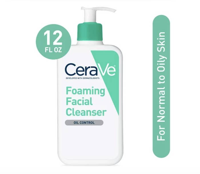 The bottle has a teal portion and says &quot;CeraVe Foaming Facial Cleanser&quot;