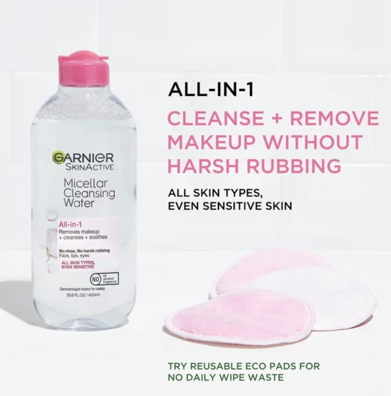 The clear bottle has a pink lid and the packaging says &quot;Garnier SkinActive Micellar Cleansing Water&quot;