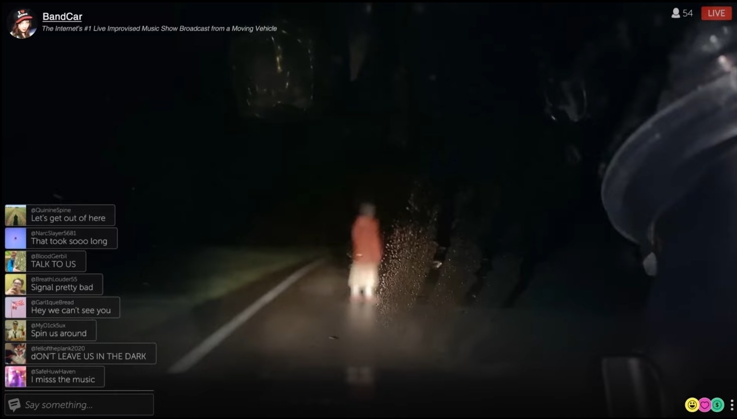 A woman stands in a dark road during a streaming webcast in &quot;Dashcam&quot;