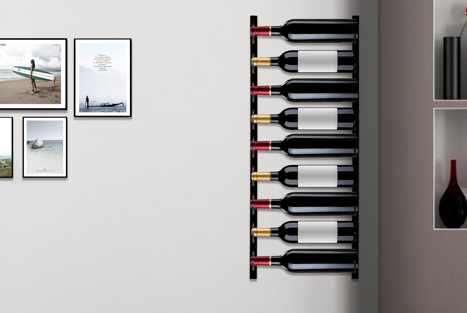 the wine rack installed on a wall with bottles of wine on it