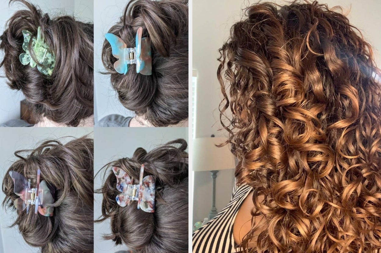 A reviewer's hair with butterfly claw clips and a reviewer's curly hair