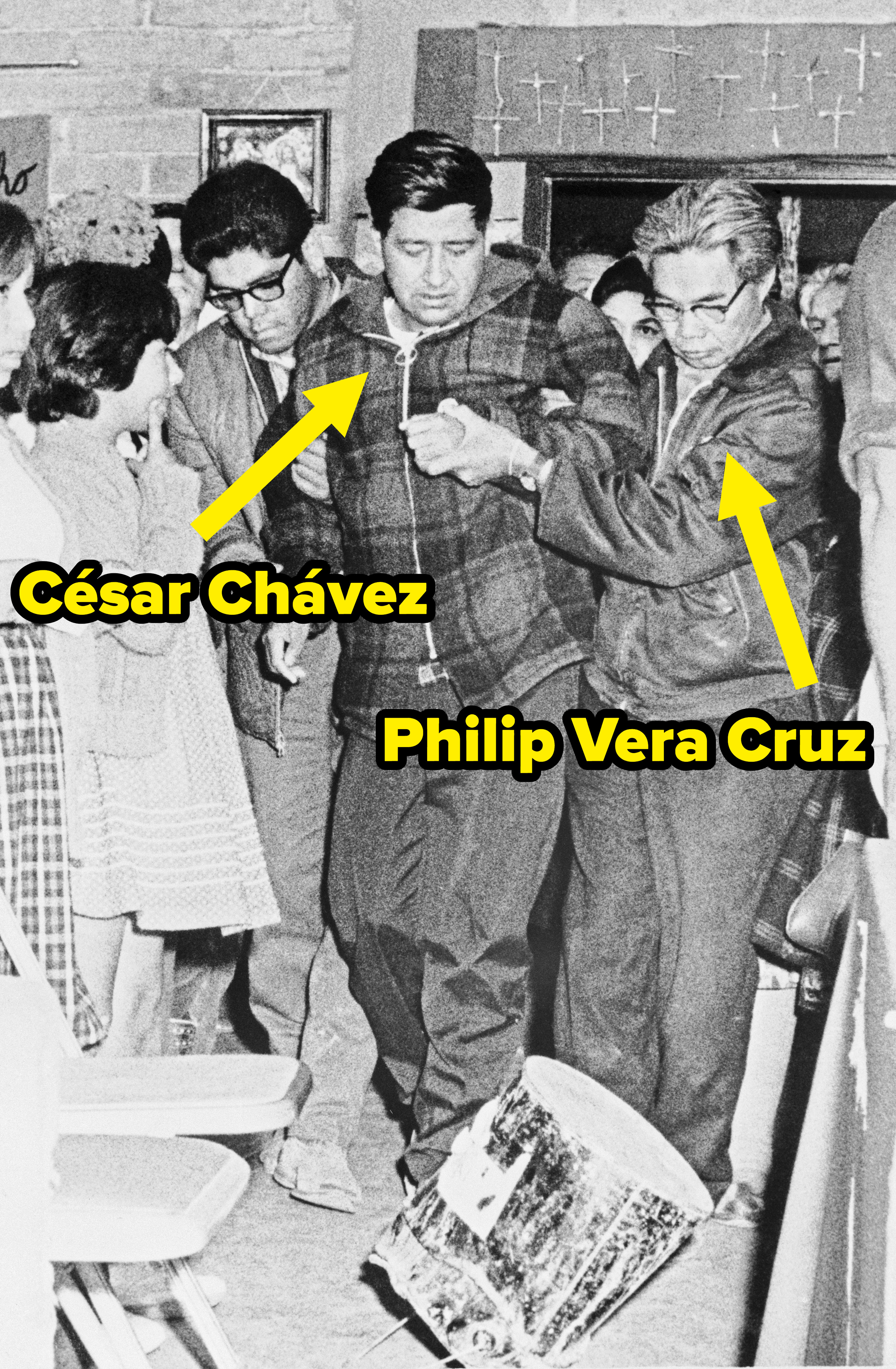 Philip Vera Cruz helps Cesar Chavez, who is weakened from a 21-day spiritual fast, walk to attend a mass in his honor