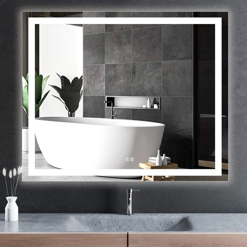 An LED bathroom vanity mirror hung horizontally