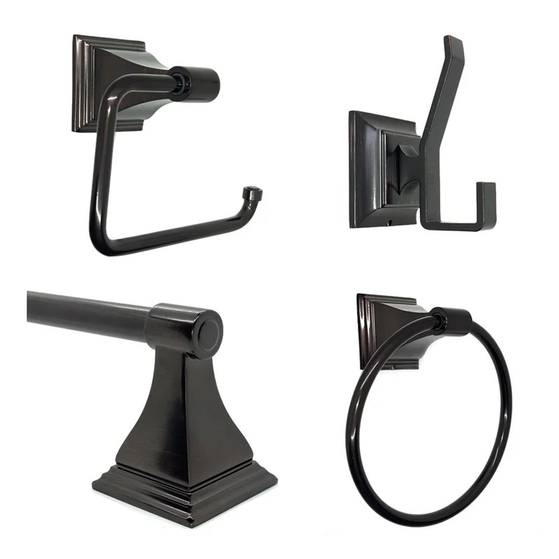 A oil rubbed bronze bathroom hardware set with a towel ring, toilet paper holder, towel rack, and towel/robe hanger